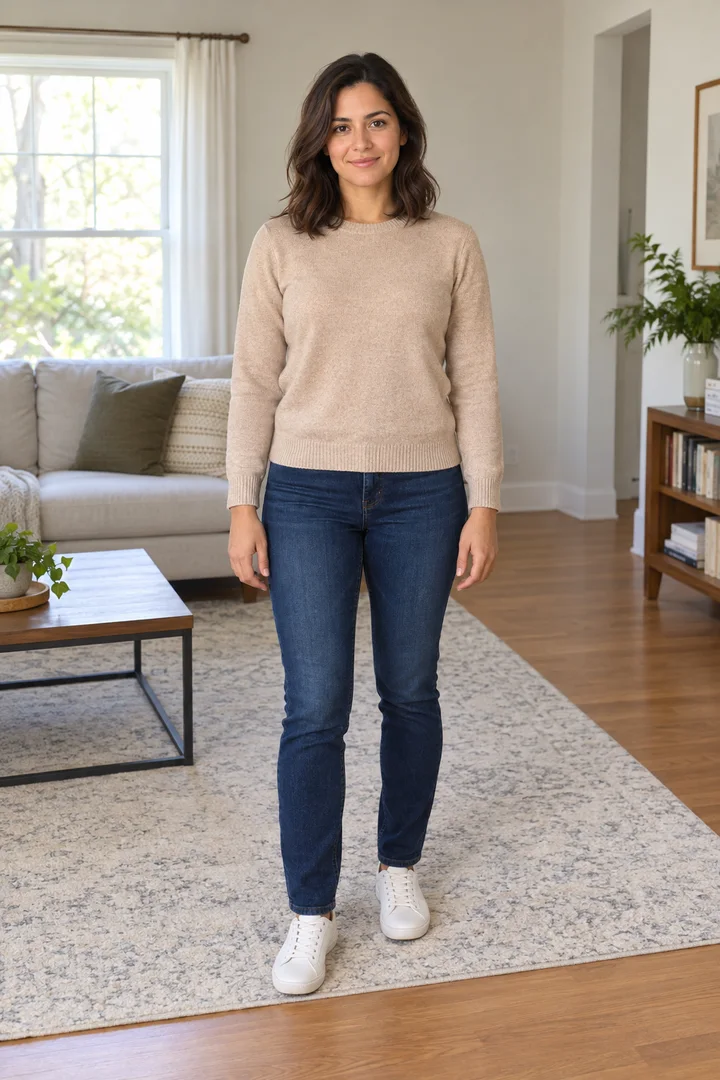 Fictional adult in everyday clothes in a bright living room, used as the AI Halloween costume video input