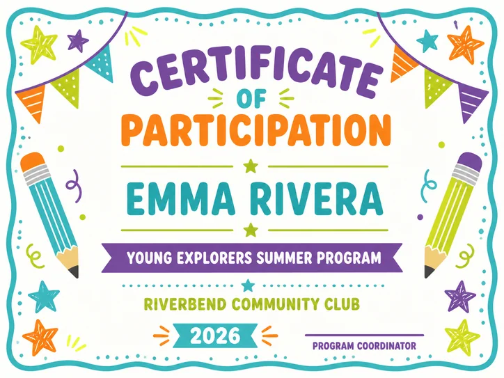 Youth Program Participation Certificate template
