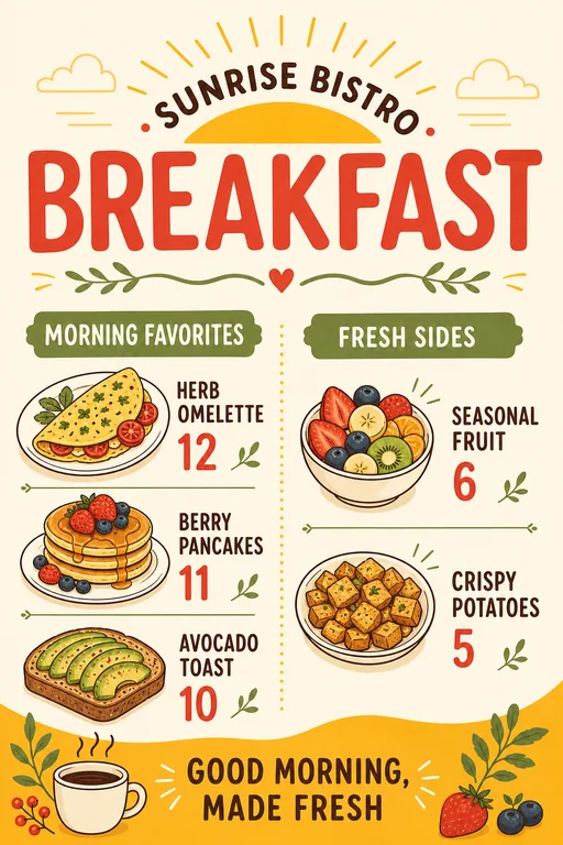 Sunrise Bistro Breakfast Menu template