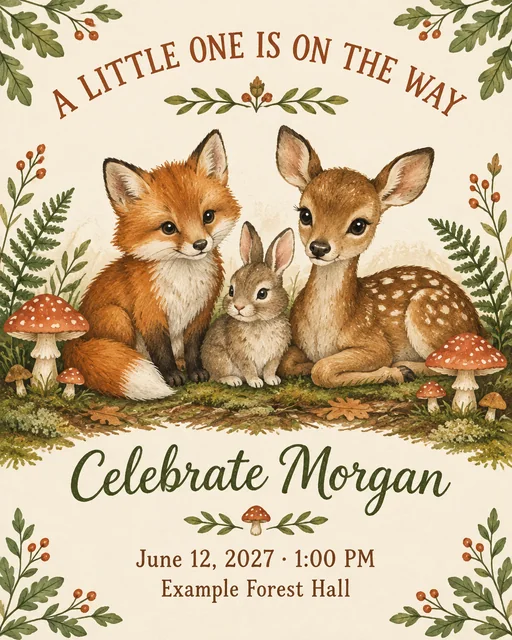Woodland Animals baby shower invitation