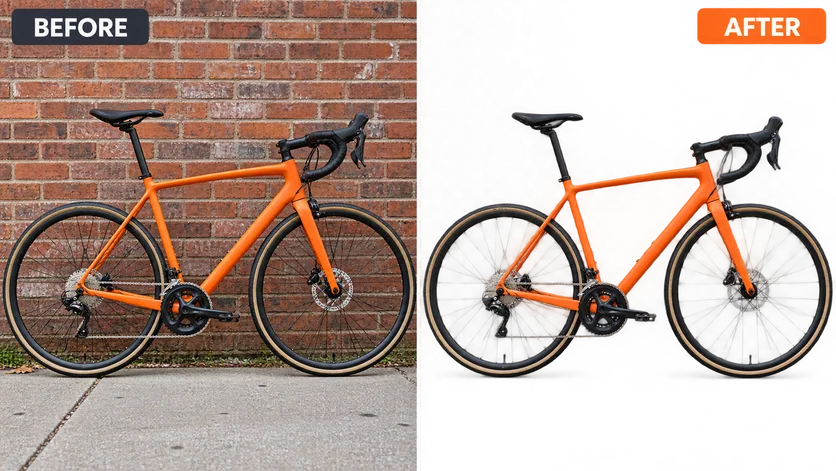 Complex Object Cutout: AI-generated before and after background editing example
