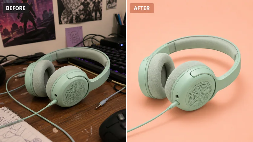 Consistent Catalog Background: AI-generated before and after background editing example