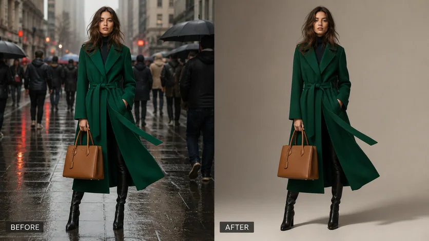 Fashion Background Change: AI-generated before and after background editing example