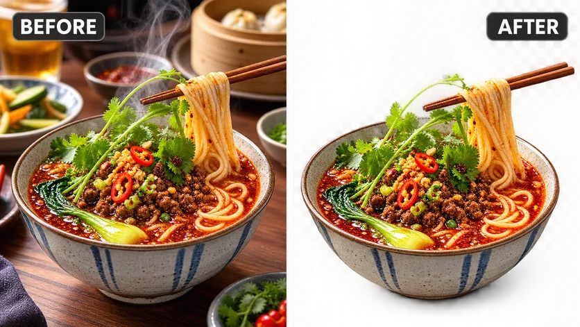 Food Photo Cutout: AI-generated before and after background editing example