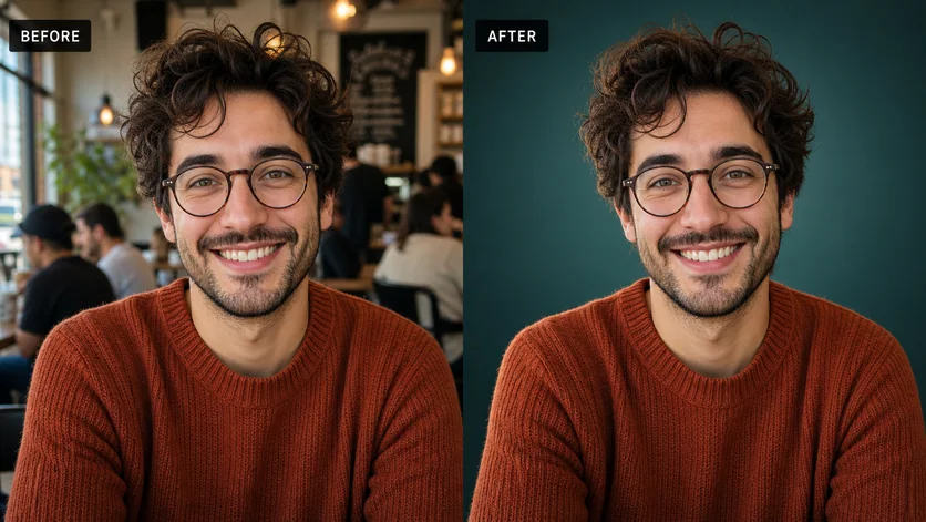 Brand Color Headshot: AI-generated before and after background editing example