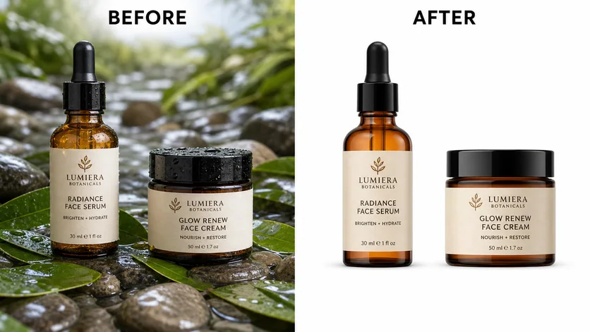 White Product Background: AI-generated before and after background editing example