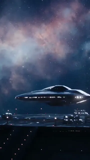 Futuristic aircraft under a colorful night sky