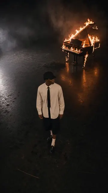 A man and a burning piano in a dark cinematic scene