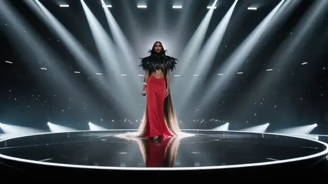 Singer on a futuristic stage under bright spotlights