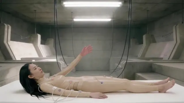 Woman floating in a futuristic room