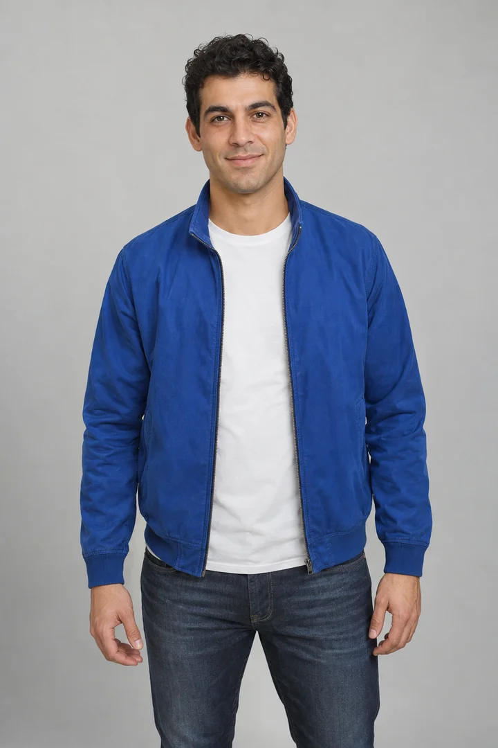 AI-generated fictional man in a blue jacket used for both examples